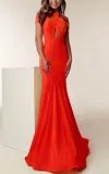 Jasz Couture Crisscrossed Bodice High Neck Mermaid Gown In Red In Red