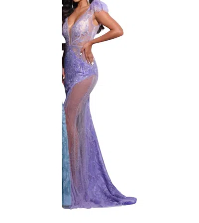 Jasz Couture Feather Shoulder Beaded And Sequin Illusion Gown In Lilac In Purple