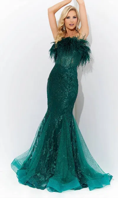 Jasz Couture Feather Strapless Prom Dress In Emerald In Green