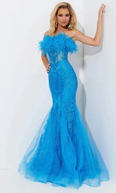 Jasz Couture Feather Strapless Prom Dress In Ocean Blue
