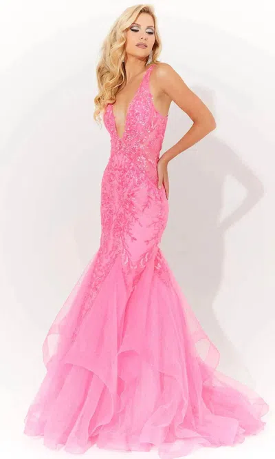 Jasz Couture Floral Applique Embellished Prom Dress In Hot Pink