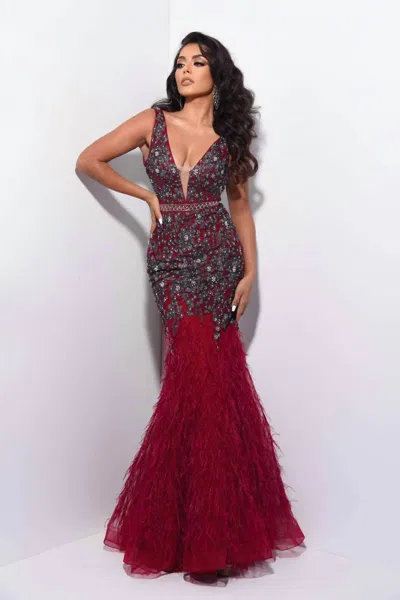 Jasz Couture Floral Embroidered Deep V-neck Feathered Dress In Burgundy/grey In Red
