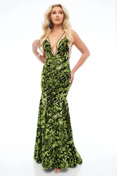 Jasz Couture Sheer Side Beaded Gown In Black/lime In Green