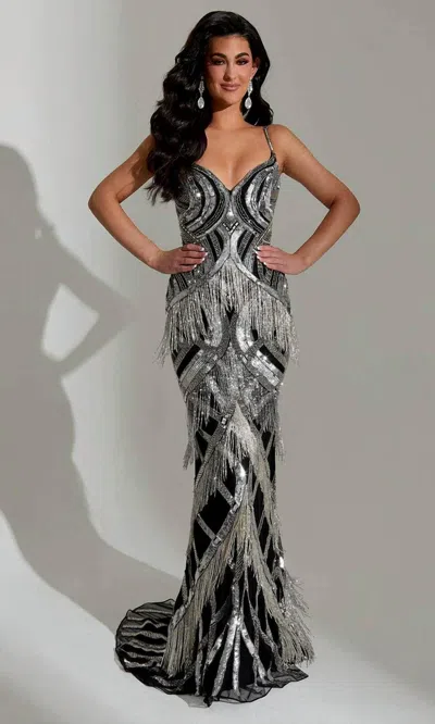 Jasz Couture Sleeveless Fringe Embellished Evening Dress In Black/silver