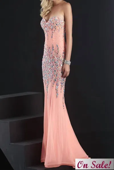 Jasz Couture Strapless Embellished Bodice With Sheer Back Prom Dress In Coral In Pink