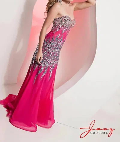 Jasz Couture Strapless Embellished Bodice With Sheer Back Prom Dress In Fuchsia/turquoise In Multi