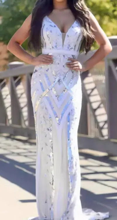 Jasz Couture V Neck Gown In Ivory/silver In Multi