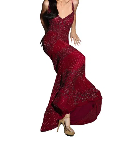 Jasz Couture Vibrant Lacework Sheath Dress In Burgundygreymet In Red