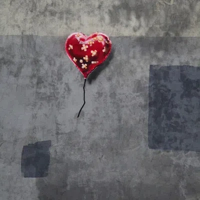 Jaxson Rea "broken Heart" By Banksy Graphic Art On Wrapped Canvas In Gray,red