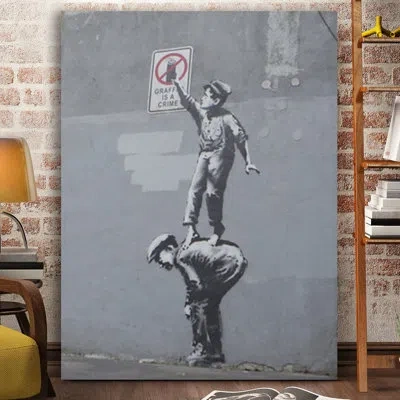 Jaxson Rea "graffiti Is A Crime" By Banksy Graphic Art On Wrapped Canvas In Gray
