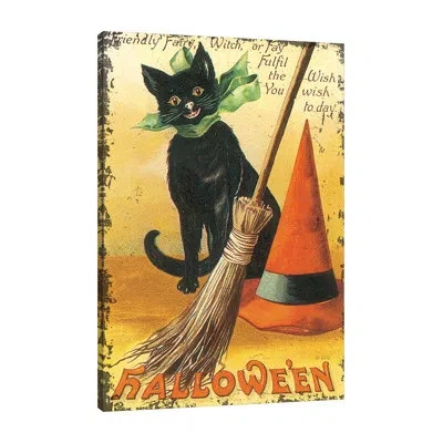 Jaxson Rea "halloween Nostalgia Cat With Broom" Gallery Wrapped Canvas By Katie Pertiet In Brown;gray;red;purple;teal Blue;charcoal