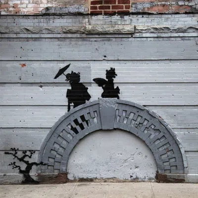 Jaxson Rea "nyc Japanese Bridge" By Banksy Graphic Art On Wrapped Canvas In Gray