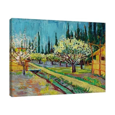 Jaxson Rea Orchard Bordered By Cypresses By Wild Apple Portfolio - Wrapped Canvas Print In Blue;gray;red;purple;sea Green;charcoal