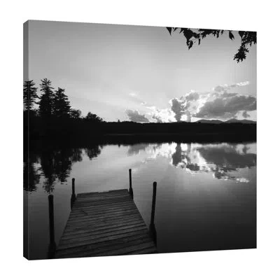 Jaxson Rea Sunset Lake And Dock Bw By Suzanne Foschino - Wrapped Canvas Print In Blue;black;brown;gray;red;yellow;charcoa