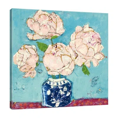 Jaxson Rea "vase Of Peonies Aqua Coral" Gallery Wrapped Canvas By Kellie Day