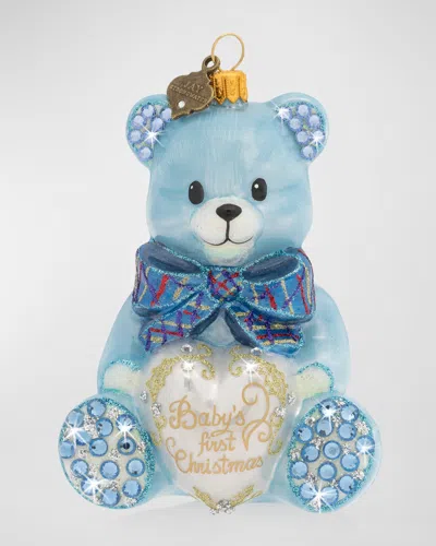 Jay Strongwater Baby's First Christmas Teddy Glass Ornament In Light Blue