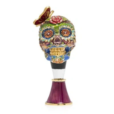 Jay Strongwater Calavera Skull Wine Stopper And Stand In Purple;gold;green;blue