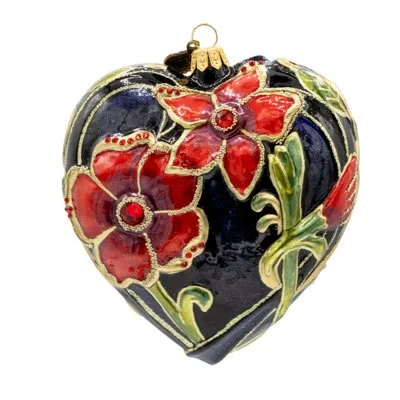Jay Strongwater Dark Night Floral Heart Ornament In Black;green;red;gold
