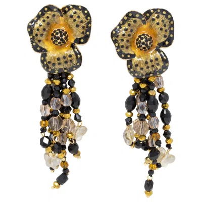 Pre-owned Jay Strongwater Enchanted Garden Drop Crystal Strand Enamel Flower Clip Earrings In Brown