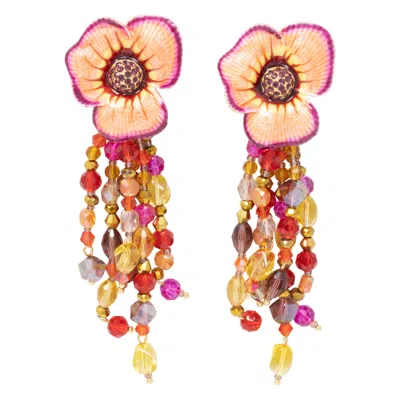 Pre-owned Jay Strongwater Enchanted Garden Drop Crystal Strand Enamel Flower Clip Earrings In Orange