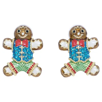 Pre-owned Jay Strongwater Gingerbread Man Enamel And Crystal Post Earrings In Gold