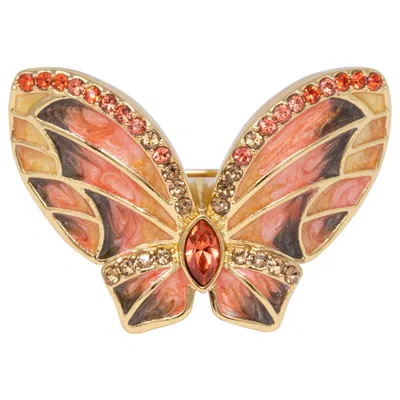 Pre-owned Jay Strongwater Gold Butterfly Painted Enamel And Crystal Cocktail Ring In Brown