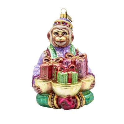 Jay Strongwater Holiday Monkey  Bearing Gifts Ornament In Green;red;pink;purple;gold