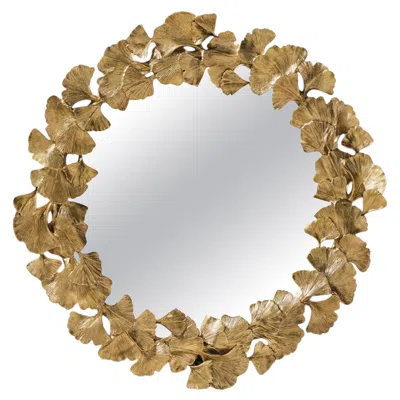Pre-owned Jay Strongwater Lola Ginkgo Leaf Gilt Round Wall Mirror In Sand