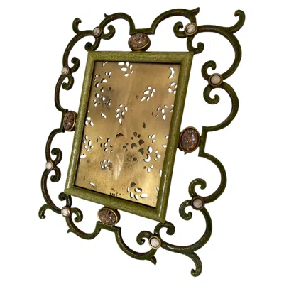 Pre-owned Jay Strongwater Ornate Jeweled And Enameled Metal Scroll Picture Frame In Brown
