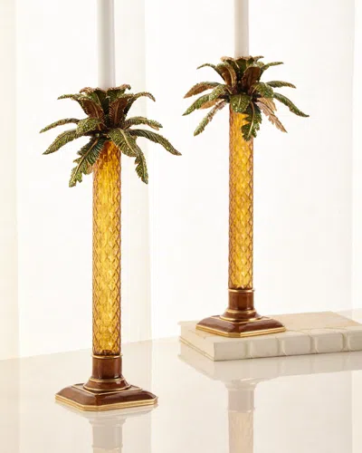 Jay Strongwater Palm Tree Jeweled Glass Candlestick In Green