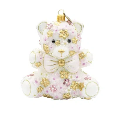 Jay Strongwater Pink Floral Teddy Ornament In White,gold,pink