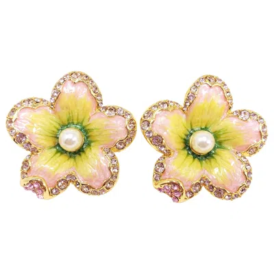 Pre-owned Jay Strongwater “spring Blossom” Enamel, Crystal And Simulated Pearl Earrings In Orange