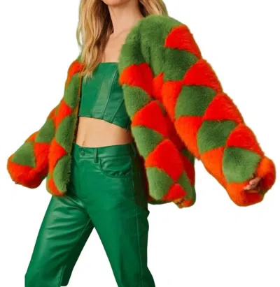 Jayley Delilah Diamond Faux Fur Coat In Green/orange In Multi