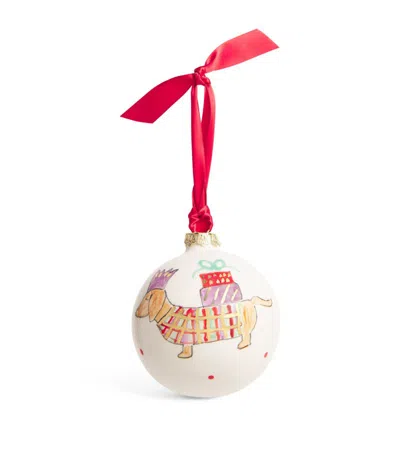 Jayne Redmond Tartan Sausage Dog Bauble (9.5cm) In White