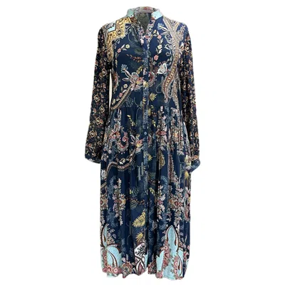 Jayshree Dalal Women's Blue / Yellow / Orange Kokomo Below The Knee Dress Navy In Blue/yellow/orange