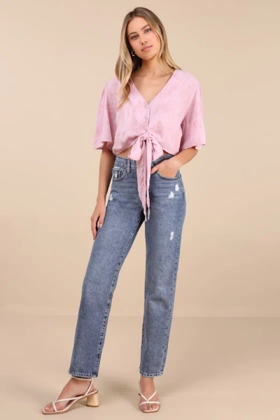Jbd Inara Medium Wash Distressed High-rise Dad Jeans In Blue