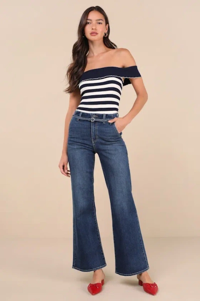 Jbd Trendy Expert Dark Wash Denim Belted Wide-leg Jeans In Blue