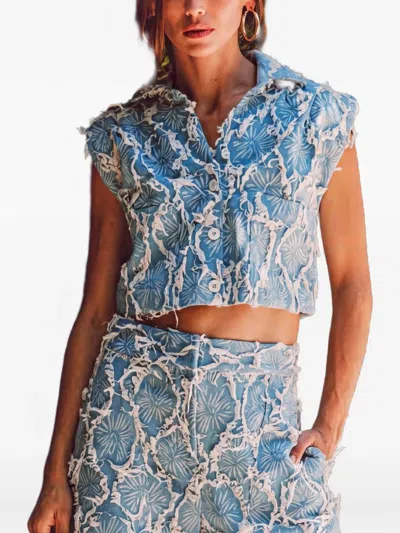 Jbq Frayed-finish Floral-print Top In Blue