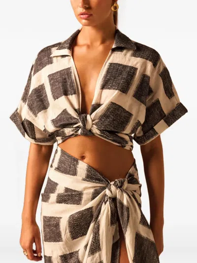 Jbq Geometric-print Knotted Shirt In Brown