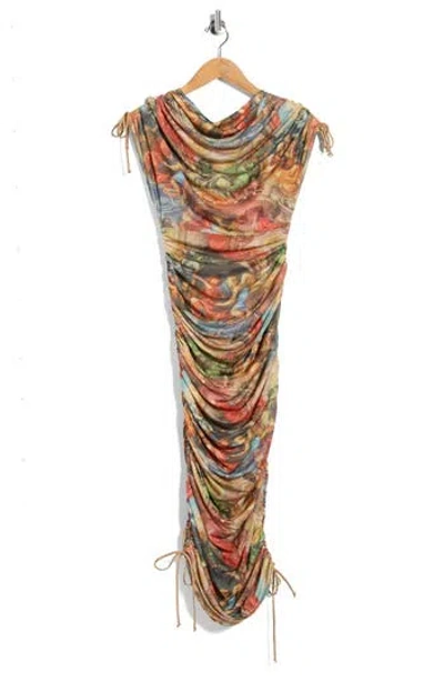 Jbq Georgia Ruched Mesh Midi Dress In Multi