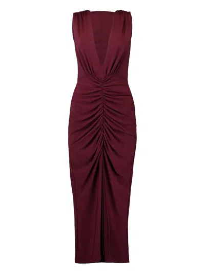 Jbq V-neck Ruched Midi Dress In Burgundy