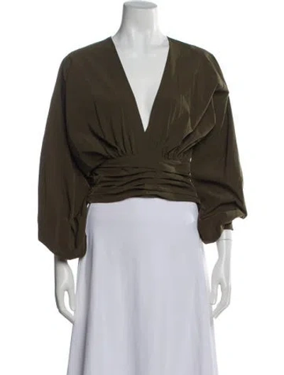 Pre-owned Jbq V-neck Three-quarter Sleeve Blouse In Green