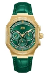 Jbw Orion Diamond Leather Strap Automatic Watch, 39mm In 18k Gold/green