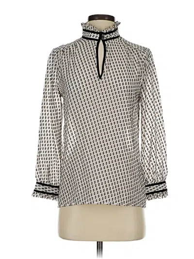 Pre-owned Jcrew 3/4 Sleeve Silk Top Ivory Houndstooth Pattern Mock Neckline Tops In White