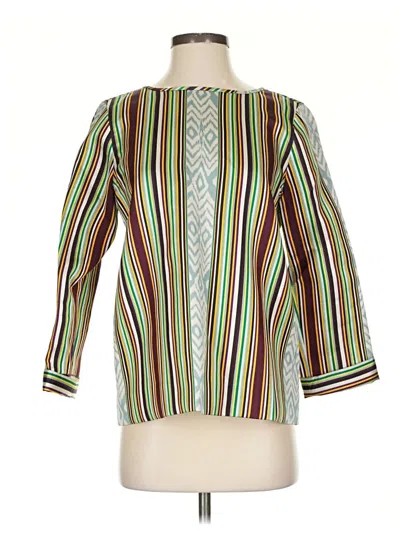 Pre-owned J.crew Collection 3/4 Sleeve Silk Top Green Aztec Or Tribal Print Pattern Square Neckline Tops