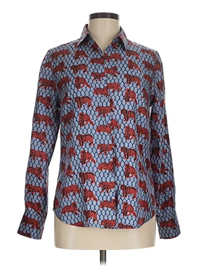 Pre-owned J.crew Collection Long Sleeve Silk Top Blue Print Pattern Collared Neckline Tops