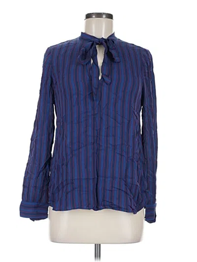 Pre-owned J.crew Collection Long Sleeve Silk Top Blue Stripes Pattern Collared Neckline Tops