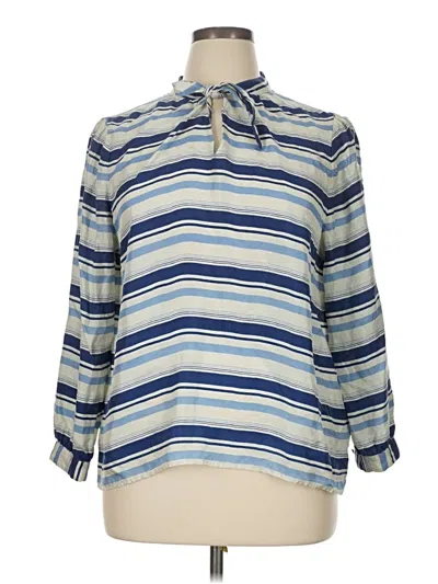 Pre-owned J.crew Collection Long Sleeve Silk Top Blue Stripes Pattern Tie Neck Tops