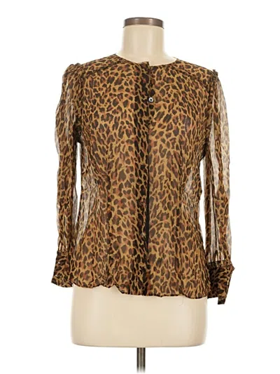Pre-owned J.crew Collection Long Sleeve Silk Top Brown Animal Print Pattern Keyhole Neckline Tops