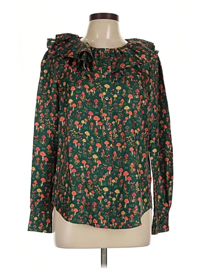 Pre-owned J.crew Collection Long Sleeve Silk Top Green Ruffles Neckline Tops